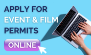 Typing on laptop with words "Apply for Event & Film Permits Online"