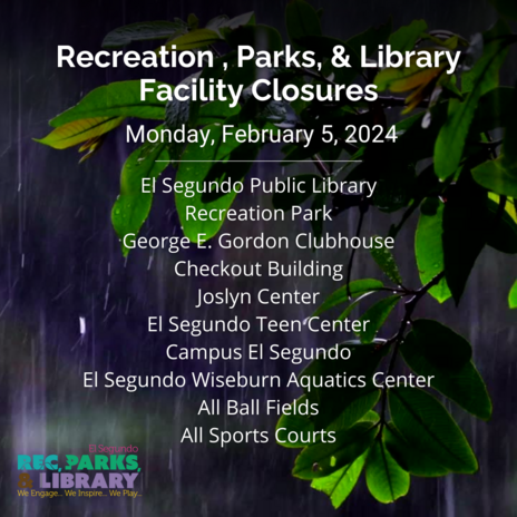 Tree being rained on with words "Recreation, Parks, & Library Facilities Closed February 5, 2024"