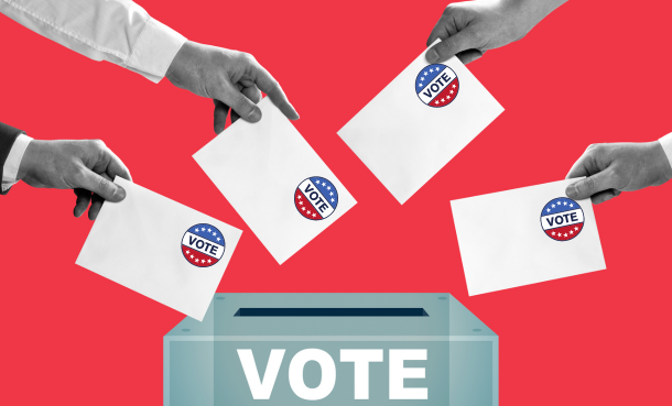 hands casting ballots in a "vote" box