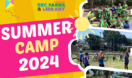 Words "Summer Camp 2024" with kids attending camp