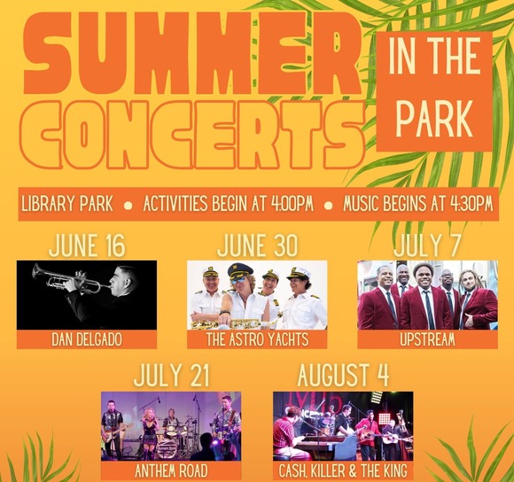 Palm trees with words "Summer Concerts in the Park"
