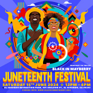 Vibrant cartoon of African Americans and words "Juneteenth Festival"