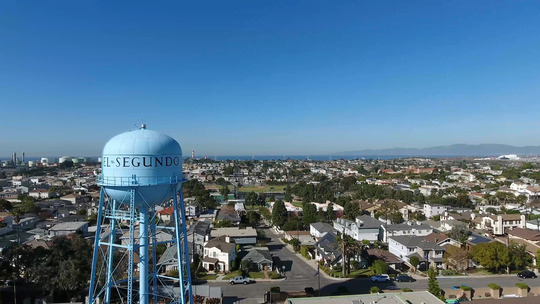 Aerial view of the residential side of El Segundo with the water tower in the forefront