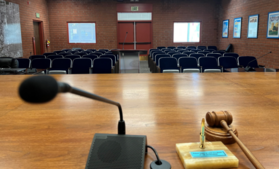 Gavel and microphone in El Segundo Council Chamber