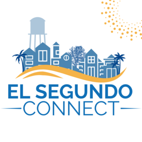 sillhouette of residential homes, trees, and water tower with words "El Segundo Connect"