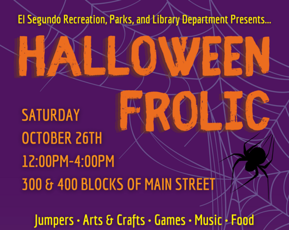Words "Halloween Frolic" with a cartoon spider and web