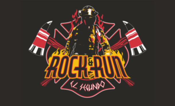 Cartoon firefighter with axes, flames and words "Rock & Run El Segundo"