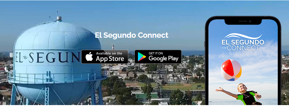 aerial view of El Segundo with a phone and the "El Segundo Connect" app logo