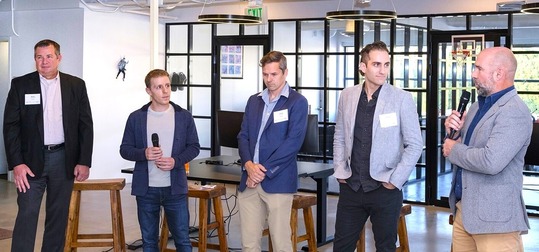 Mayor Pro Tem Chris Pimentel moderating a panel discussion with reps from LIghtspeed, Radiant, Skyryse, and Protiviti