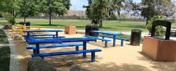 picnic tables, trees, park