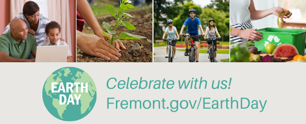 family in front of laptop, hands gardening, family biking, composting food scraps into bin