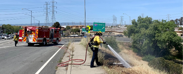 fire engine and firefighters putting out vegetation fire