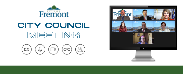 City Councilmembers within computer monitor and icons to watch and participate in Council meeting