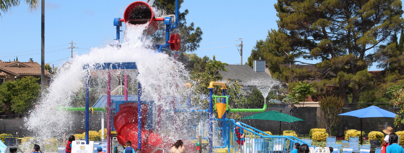 waterpark structures and people in water