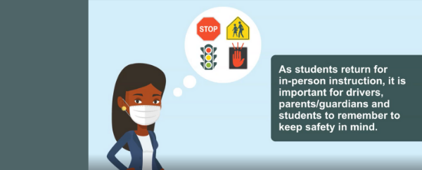 person in mask with message bubble, includes stop sign, stop light, hand, pedestrians walking sign