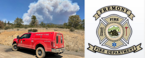 fire truck in front of smoke in distance and fire department logo