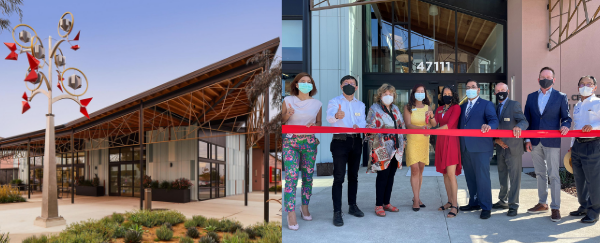 building and people cutting red ribbon