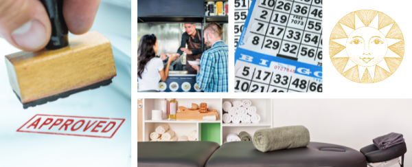 approved stamp, food truck, bingo cards, sun, massage chair