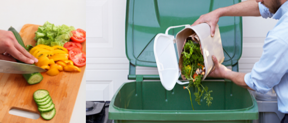 person chopping vegetables on cutting board and person throwing food scraps into yardwaste cart