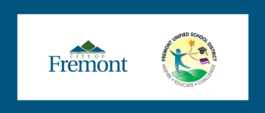 City of Fremont logo with peaks and Fremont Unified School District logo round shape with child, star, book, and graduation cap