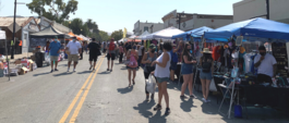 people standing on street in front of canopy booths at Niles Antique Fair