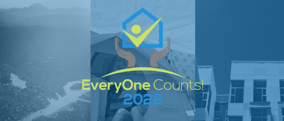 two hands, house, checkbox with homes, water and mountain peaks, person sitting in tent, and apartment buildings