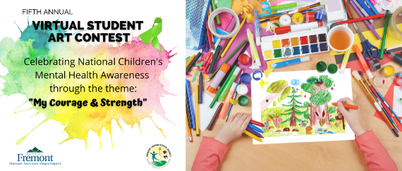 hands and arms drawing a forest with art supplies including pens, pencils, watercolors; paint splash with green, blue, yellow, pink and green ribbon