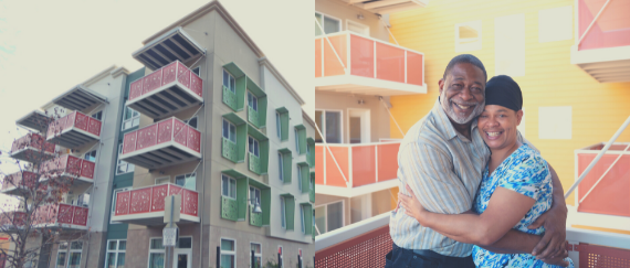 exterior of apartments and couple hugging in front of buildings