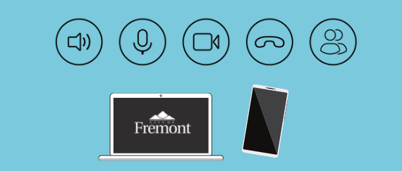 laptop, mobile device, icons representing volume, microphone, video camera, phone, and people