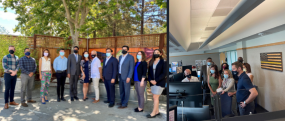 staff and elected officials standing outdoors at the housing navigation center and indoors in the police dispatch center