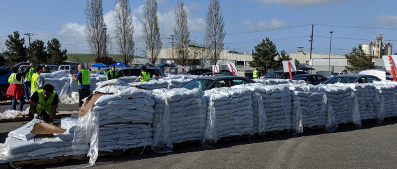 pallets filled with bags of compost and person lifting a bag