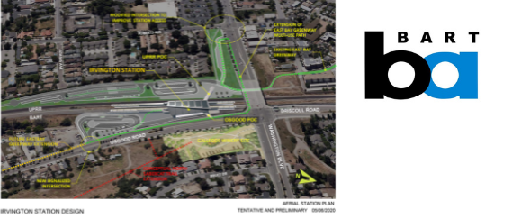 map of Fremont roadways and location noted of uture Irvington BART station and BART logo