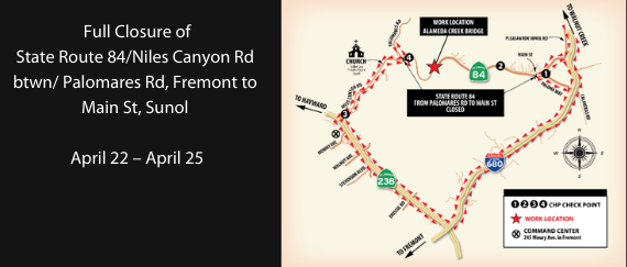 map of closure on Niles Canyon Road
