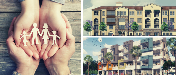 hands holding paper dolls, exterior of two apartment complexes