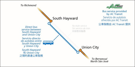 BART bus bridge map between South Hayward and Union City stations