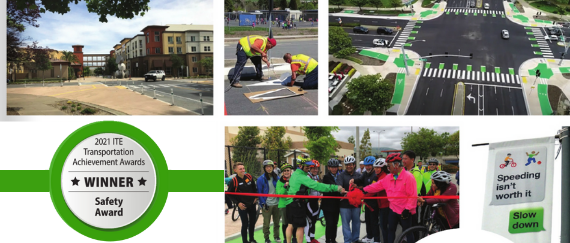 Fremont roadways with new striping, people standing with bikes and helmets, apartments