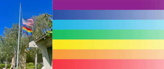 rainbow flag and U.S. flag raised at City Hall with rainbow colors