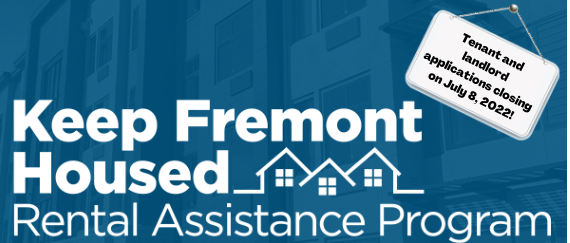 Keep Fremont Housed Rental Assistance Program in text with houses and sign hanging on apartments