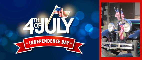 flag with 4th of July Independence Day spelled out in red ribbon with antique vehicle with flags on headlights