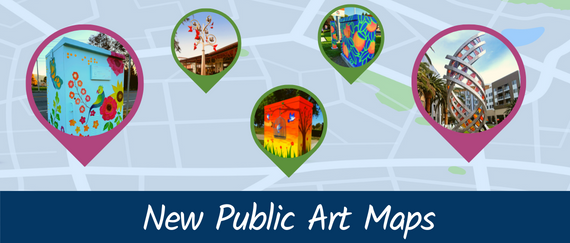 Map background with painted utility boxes in location markers and New Public Art Maps