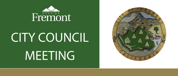 City seal in mosaic tile with City Council Meeting in text and City of Fremont logo with three mountain peaks