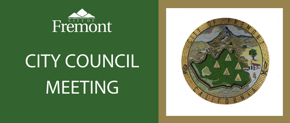 City seal in mosaic tile, City Council Meeting in text, and City of Fremont logo with three mountain peaks