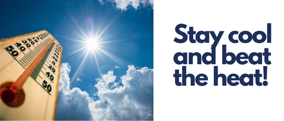 weather thermometer, blue sky, and Stay cool and beat the heat! in text