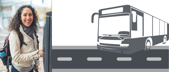 girl at ticket booth and bus on roadway