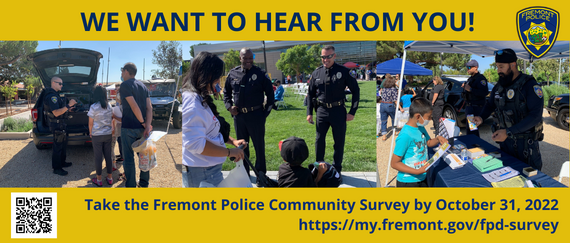 police officers at community events talking to community members, We want to hear from you in text, QR code and Fremont Police Department patch