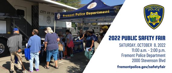 community members at Police booth and Mobile Command Vehicle, Fremont Police patch, 2022 Public Safety Fair, Oct. 8, 11am-2pm, 2000 Stevenson Blvd
