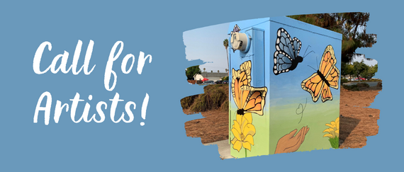 utility box covered with mural and Call For Artists in text