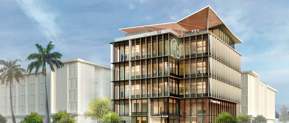 artist rendering of new Fremont Bank building with six stories and palm trees