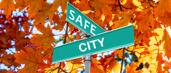 orange leaves and green street sign with Safe City in text