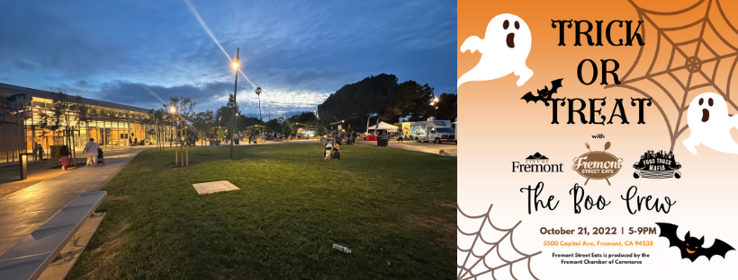 In Text: Trick or Treat The Boo Crew with Oct. 21, 5-9PM, 3500 Capitol Ave, Fremont Street Eats produced by the Fremont Chamber;  plaza area at night